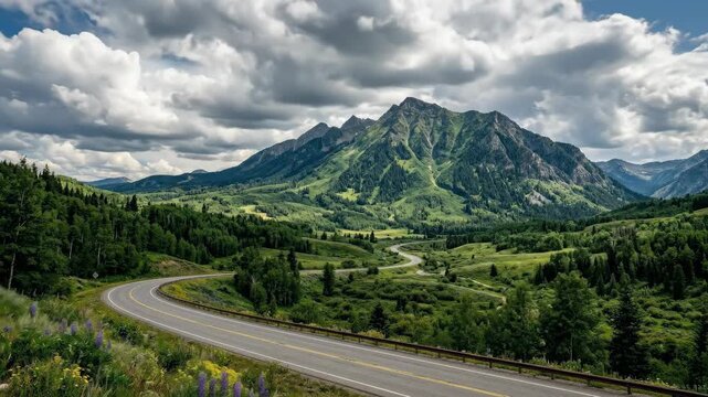 Open road curving toward a majestic green mountain under dramatic summer clouds, inspiring travel landscape for freedom, adventure, road trip and nature themes, sweeping perspective, vivid scenery,