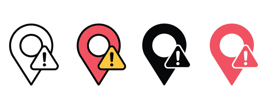 Location pin warning icon, navigation danger symbols, restricted area alert graphics, gps tracking concept, vector illustration