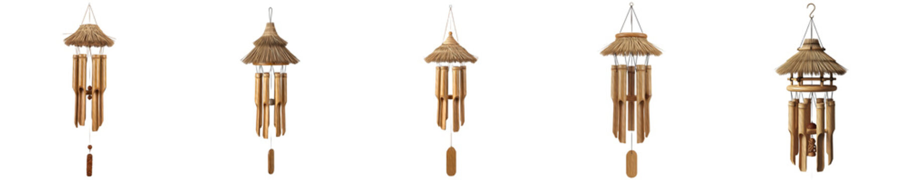 Natural Bamboo Wind Chime Set Isolated on White Background - Traditional Wooden Pagoda Style Outdoor Decor, Zen Garden Hanging Musical Ornament 3D Render Illustration PNG