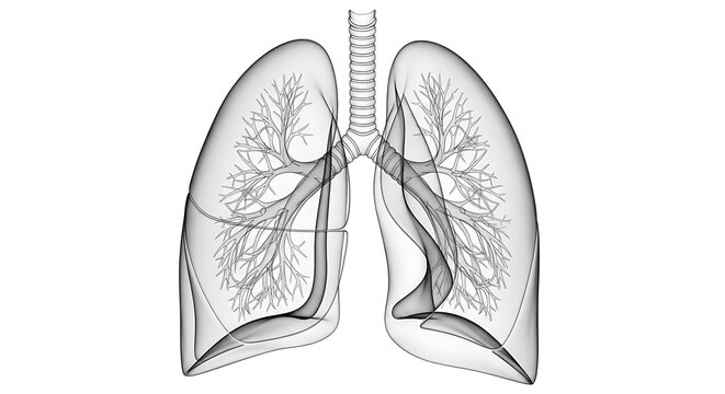 3D medical illustration of human lungs with bronchial tree and trachea anatomy