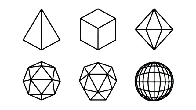 Geometric shapes with polyhedral forms and grid patterns on a plain background