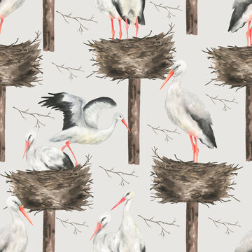 Seamless pattern of storks and nest gray