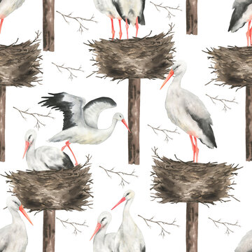 Seamless pattern of storks and nest white