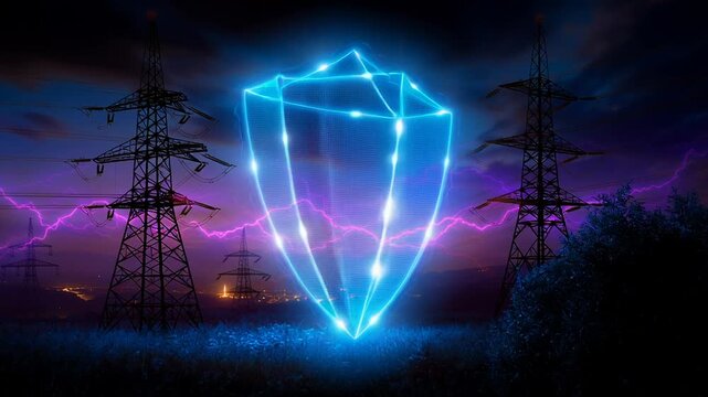 Neon shield protecting power pylon at night, digital guardian encircling transmission towers with pink waveform trails, stormy teal sky, glowing particles