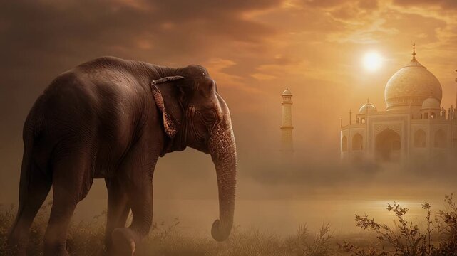 Elephant walking near taj mahal sunrise, misty golden light bathes historic monument matriarch wanders across grassland, trunk raised in gentle motion, dust