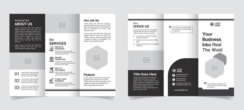 Minimalist business trifold brochure template, professional corporate flyer layout, black and white marketing pamphlet design with geometric elements