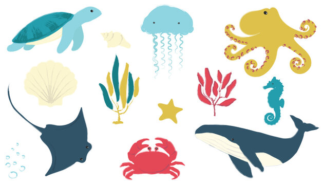 Cute ocean animals vector set in modern flat style. Collection of marine life characters including turtle, jellyfish, octopus, crab, whale, seahorse, stingray, starfish, seashells, seaweed and coral. 