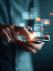 Naklejka premium Close-up of Hands Using a Smartphone with a Futuristic Holographic Interface and Digital Data Icons, Representing Social Media Interaction, Mobile Banking, and Innovative Wireless Technology Concepts
