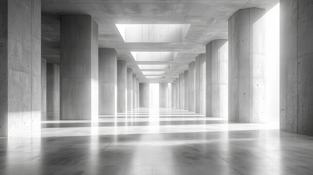 Empty minimalist concrete interior corridor with skylights, strong perspective lines and repeating columns, bright natural light and shadows, modern brutalist architecture