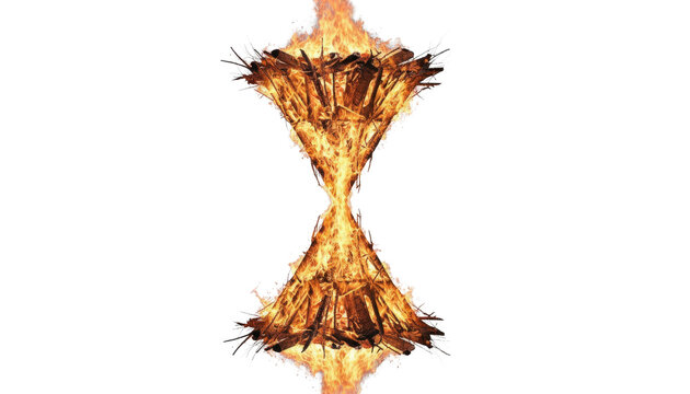 Hourglass shape constructed from burning firewood and blazing flames, symbolizing time and transformation.