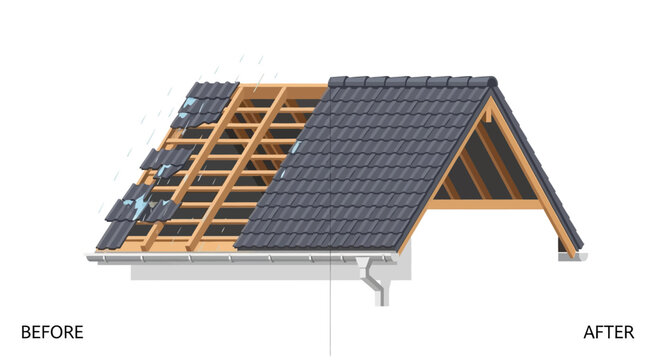 Roof Repair and Installation Before and After Illustration: Comparison of Damaged Leaking Roof and New Shingle Roofing for Home Maintenance and Construction Services