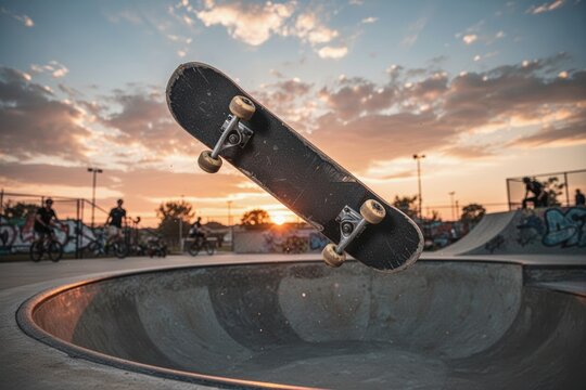 Skateboard flipping above concrete bowl at sunset in skatepark action scene
