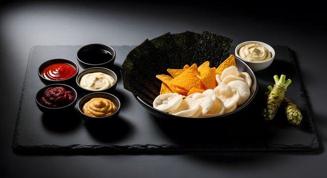 Crispy corn tortilla chips and light rice crackers served with dried seaweed sheets plus various colorful dipping sauces and fresh wasabi roots arranged beautifully on a black slate board.
