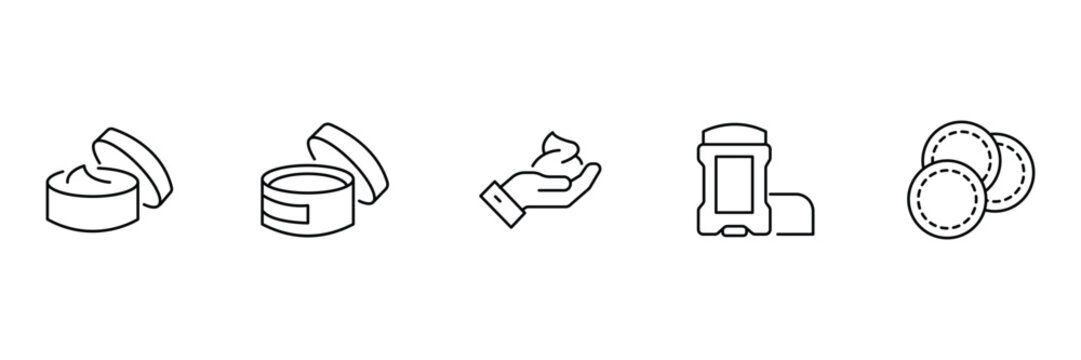 Beauty product and skincare line icon set of cream jar moisturizer hand foam deodorant and cotton pads vector illustration.