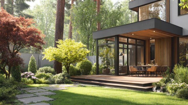 Modern residence features an expansive wooden deck and lush landscaped garden surrounded by tall trees