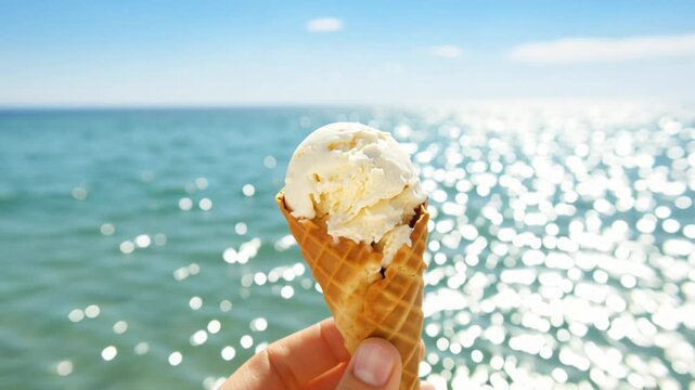 Hand holding ice cream cone seaside, vacationer savoring vanilla scoop against sparkling ocean and shimmering waves, bright sun reflecting on water, warm sand