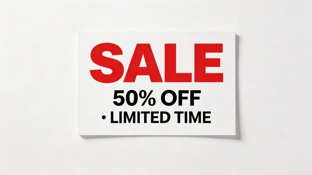 A sign advertising a limited time 50% off sale on a plain background