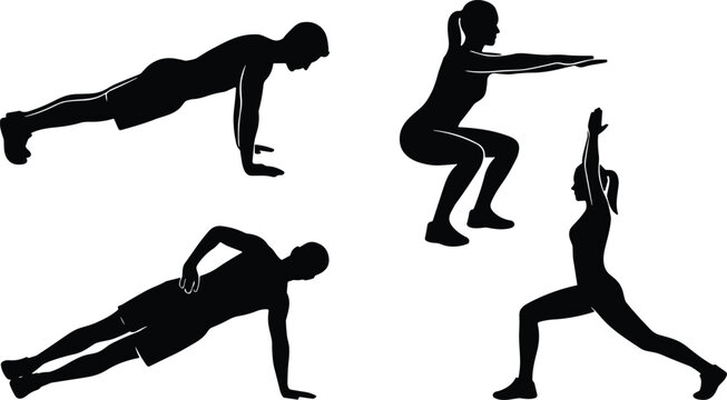 Black silhouettes of people performing bodyweight exercises including planks and squats isolated on white background for fitness and health concepts.