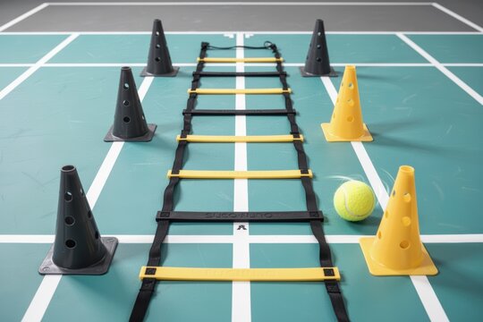 Agility ladder and cones arranged on tennis court for footwork training