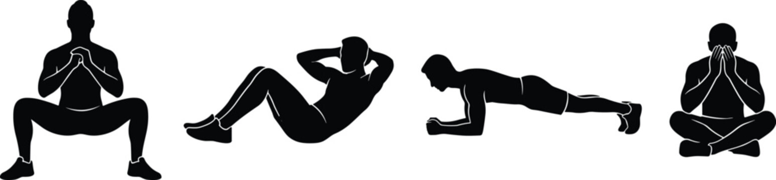 Fitness workout silhouettes set showing squat crunch plank and meditation poses isolated vector illustration for health and training design