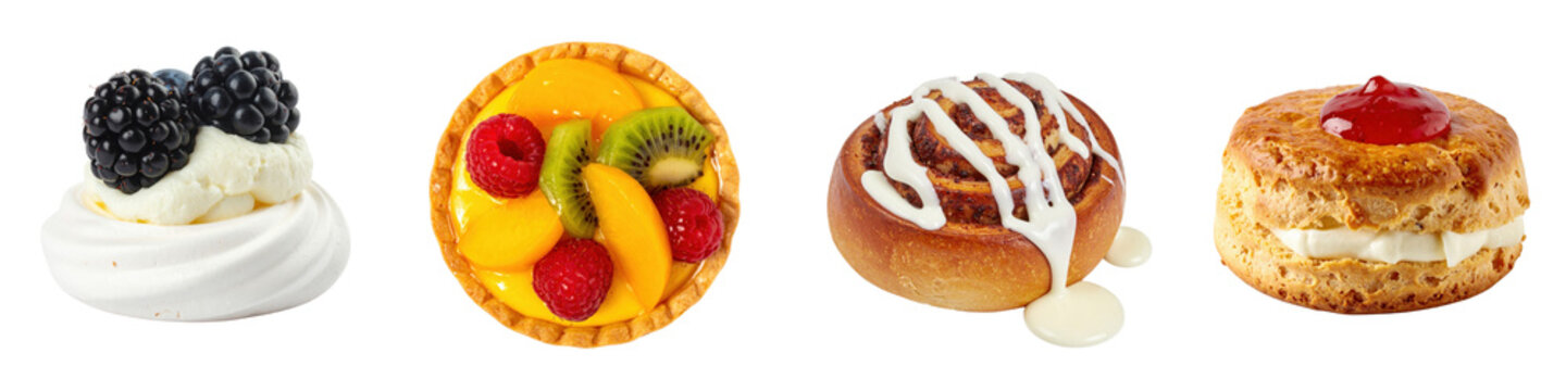 Assortment of fresh sweet pastries including fruit tart meringue pavlova cinnamon roll and cream scone