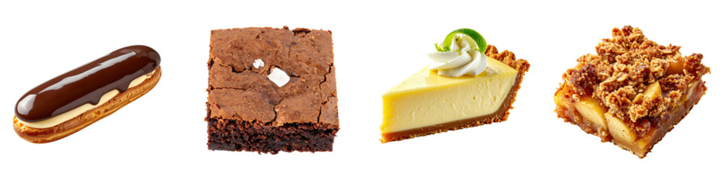 collection of sweet dessert pastries including chocolate eclair brownie cheesecake slice and  crisp