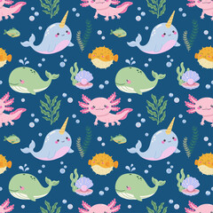 Kawaii axolotl, whale and narwhal seamless pattern for nursery decor. Aquatic animals print © Tetianka
