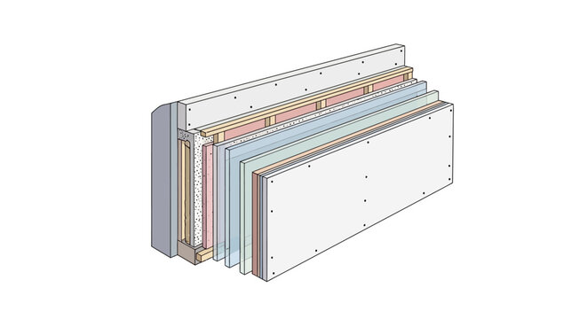 Detailed Cross-Section of Energy-Efficient Multi-Layer Exterior Wall Insulation and Construction System with Drywall and Framing - 3D Illustration
