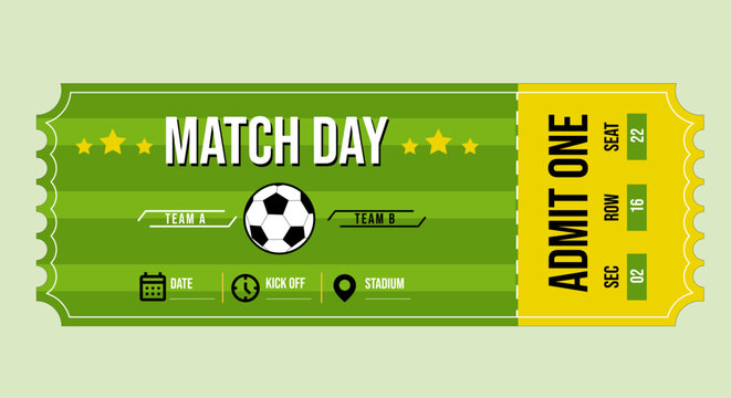 Football Match Ticket Template Vector, Soccer World Cup Event
