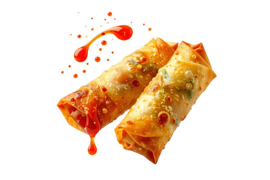 Two crispy golden fried spring rolls drizzled with spicy red chili dipping sauce drops