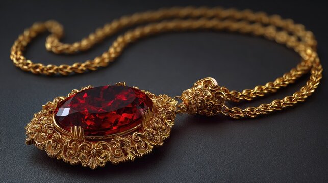 Exquisite gold necklace with large ruby pendant highlighting intricate floral design and elegant craftsmanship