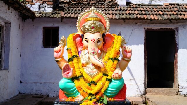 Ganesh statue decoration eye-level indian village art installation for cultural festivity