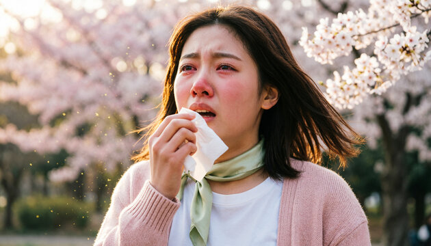 Portrait of a girl with a handkerchief in her hands with pronounced allergy symptoms against the background of flowering trees.