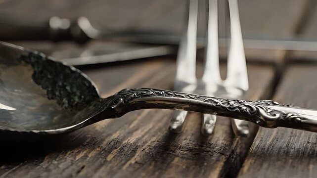 Closeup of antique silverware on a rustic wooden table 1.