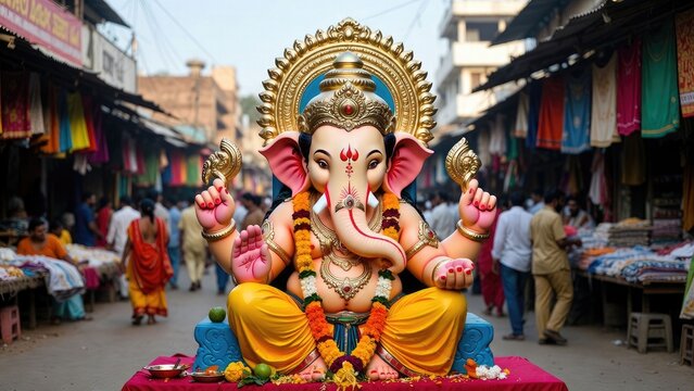 Cultural significance of ganesha idol amidst bustling market celebration in urban setting