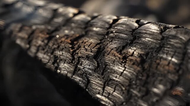Closeup of charred wood texture with deep cracks and rough surface.
