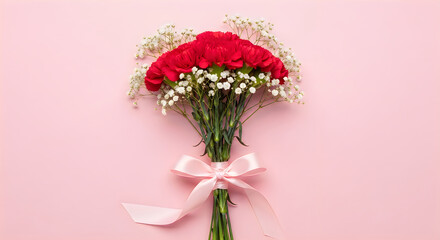 Obraz premium Vibrant red carnation bouquet with baby's breath on a pink background