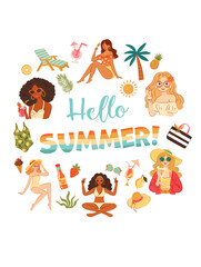 Fototapeta premium Hello Summer collection in flat style with girls, women, cocktails, fruits on white background