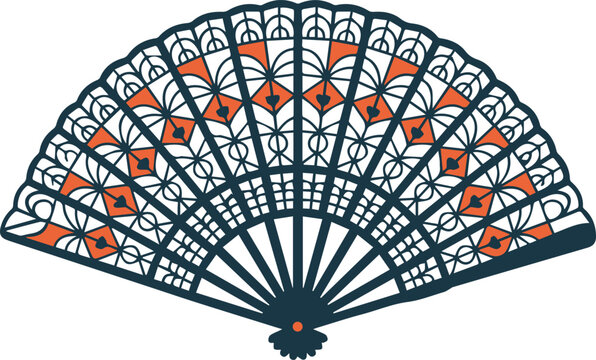 Decorative hand fan vector illustration with intricate lace pattern and orange accents isolated on white background