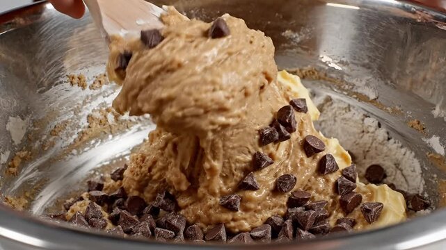 Closeup of chocolate chip cookie dough being mixed in a bowl.