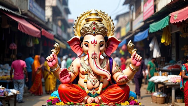 Local market photography celebrating ganesh idols in a vibrant cultural festive environment