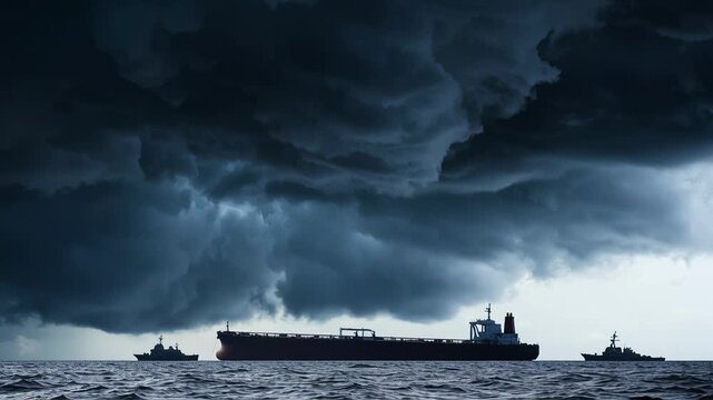 Cargo ship under storm clouds, silhouetted tanker and tug racing across choppy ocean, towering cumulonimbus and lightning forks, pewter waves throwing salt