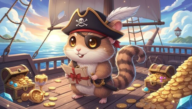 Adorable chinchilla pirate stands aboard a sunlit ship. Golden coins scatter the deck, glittering under sky's glow. Chests brim with treasure, hinting at hidden riches. Pirate hat, eye patch