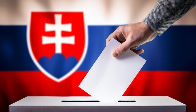 a hand put a paper in a voting box; blurred Slovakia flag background; dark atmosphere