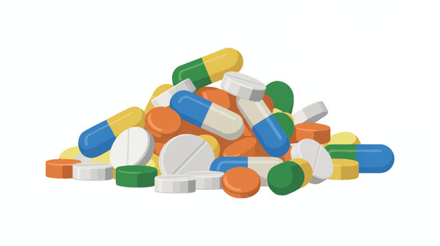 A pile of colorful medicine pills and capsules on white background