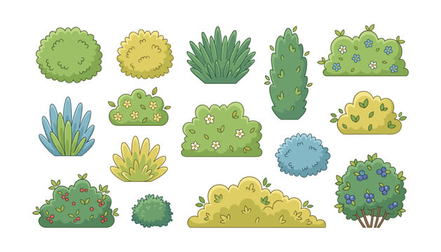Collection of cartoon bushes and plants vector set, isolated on transparent background, nature graphic.