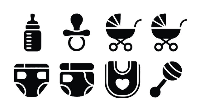 Baby care icons including bottle pacifier stroller diapers and bib