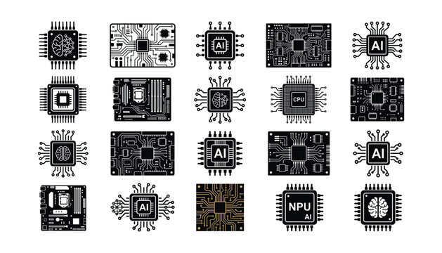 Collection of ai chips and computer processors with brain icon vector illustration transparent background.
