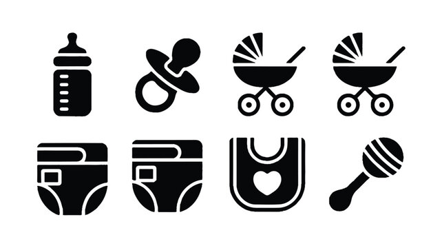 black and white baby care icons set including bottle pacifier stroller diapers and bib