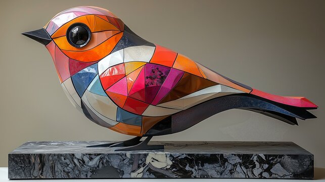 Vibrant polygonal bird figurine with stained glass style panels and glossy eye, perched on a dark marble plinth against a soft neutral studio backdrop